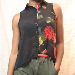 Sleeveless Floral and Black Blouse